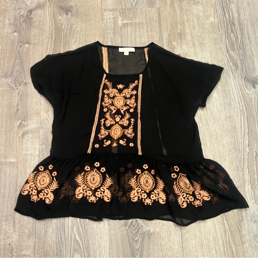 Hopes Sheer gray Bohemian Peasant Embroidered coral Beaded Top Size S